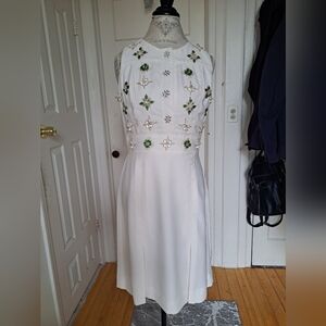 Banana Republic White Midi Dress with Green & Gold Embellishments
